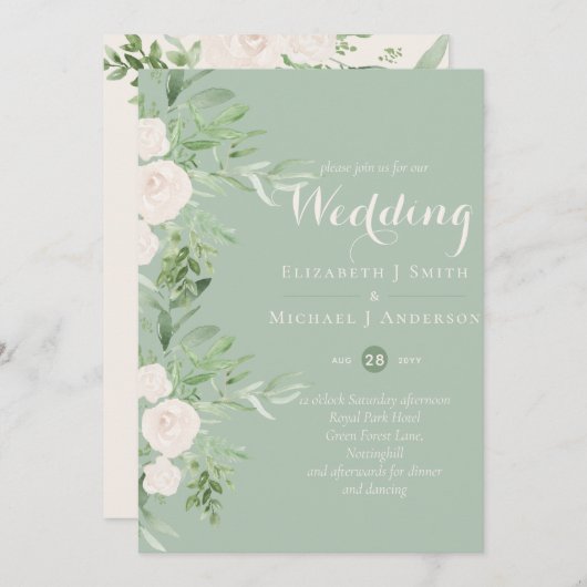 Magnolia Sage Groene Bloemige Trouw Uitnodigingen (Voorkant / Achterkant)