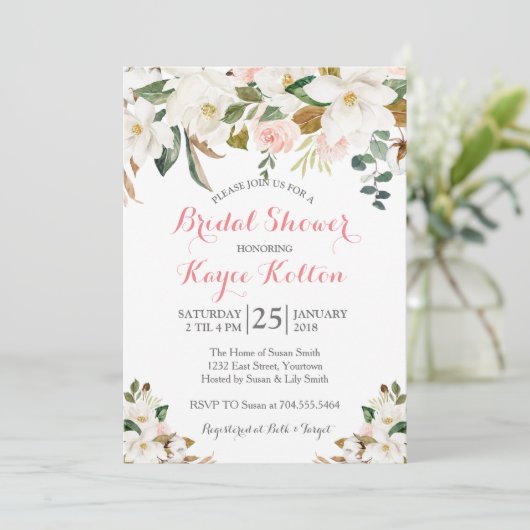 Magnolia Southern blush bridal douche-uitnodiging Kaart (Staand voorkant)