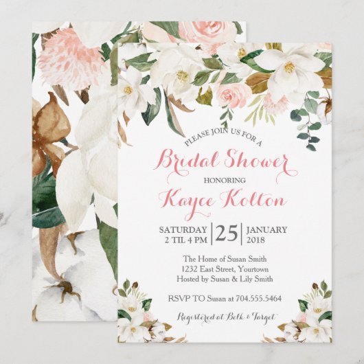 Magnolia Southern blush bridal douche-uitnodiging Kaart (Voorkant / Achterkant)