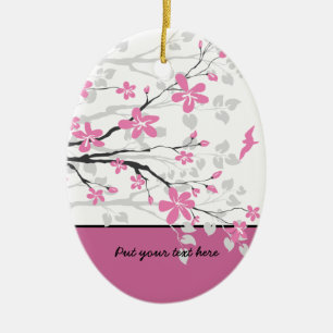 Magnolia tak en roze bloemen op maat gemaakt ornam keramisch ornament