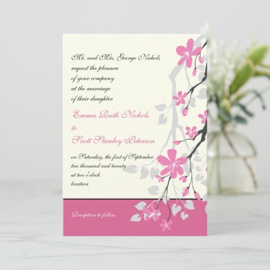 Magnolia tak roze bruiloft aangepaste uitnodiging (Staand voorkant)