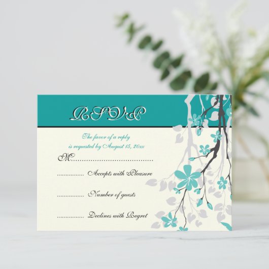 Magnolia tak turquoise bruiloft RSVP kaart (Staand voorkant)