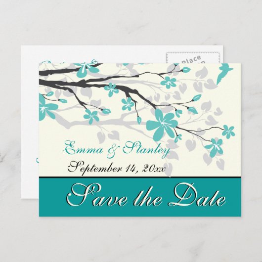 Magnolia tak turquoise bruiloft Save the Date Aankondigingskaart (Voorkant / Achterkant)