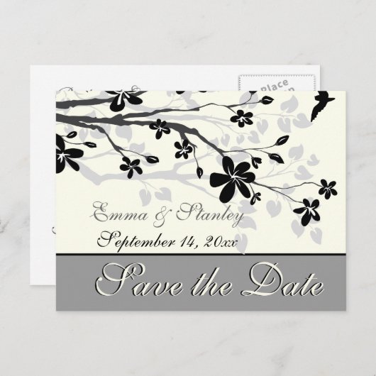 Magnolia tak zwart grijs bruiloft Save the Date Aankondigingskaart (Voorkant / Achterkant)