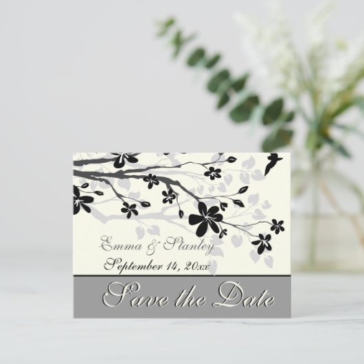 Magnolia tak zwart grijs bruiloft Save the Date Aankondigingskaart (Staand voorkant)