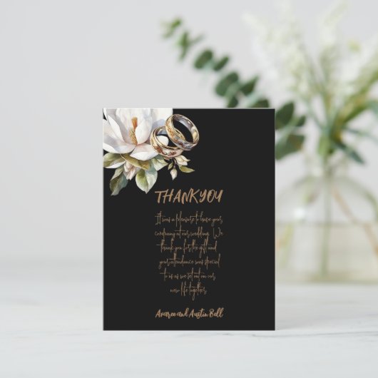 Magnolia trouwringen goud en zwart bruiloft bedankkaart (Staand voorkant)