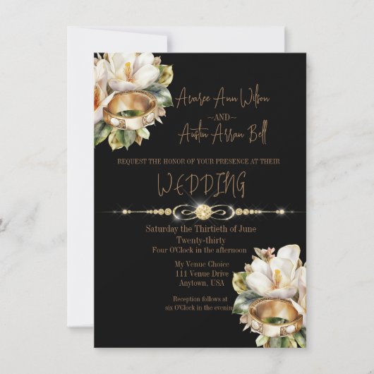 Magnolia trouwringen goud en zwart bruiloft kaart (Voorkant)