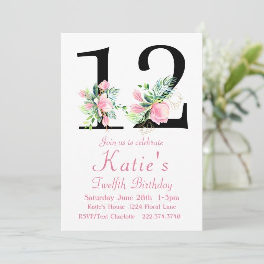 Magnolia Verjaardag Uitnodiging, 12e Verjaardag Kaart (Staand voorkant)