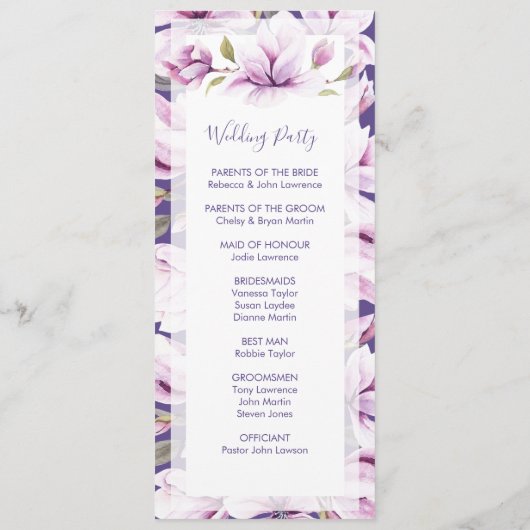 Magnolia Violet Bloemen Huwelijksceremonie Programmakaart (Achterkant)