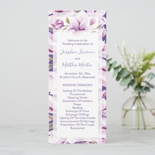 Magnolia Violet Bloemen Huwelijksceremonie Programmakaart (Staand voorkant)