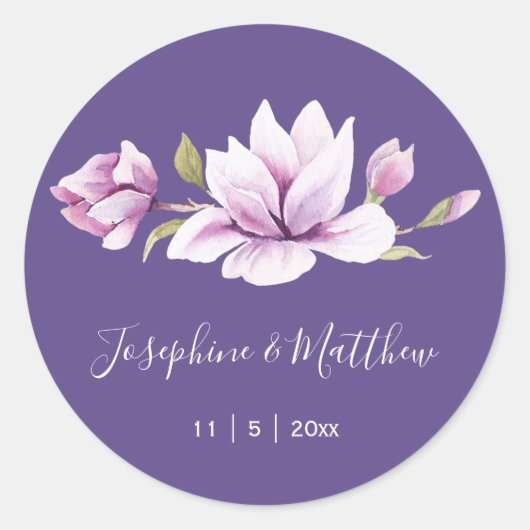Magnolia Violet Bloemen Trouwstickers Ronde Sticker (Voorkant)