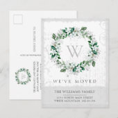 Magnolia Waterverf bloemenkrans Monogram verplaats Aankondigingskaart (Voorkant / Achterkant)