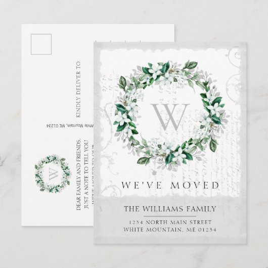 Magnolia Waterverf bloemenkrans Monogram verplaats Aankondigingskaart (Voorkant / Achterkant)