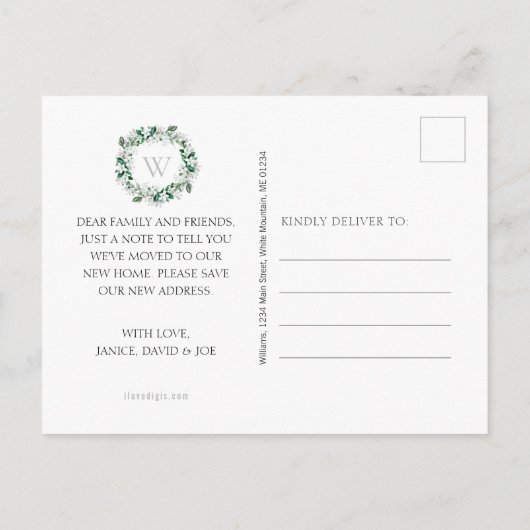 Magnolia Waterverf bloemenkrans Monogram verplaats Aankondigingskaart (Achterkant)