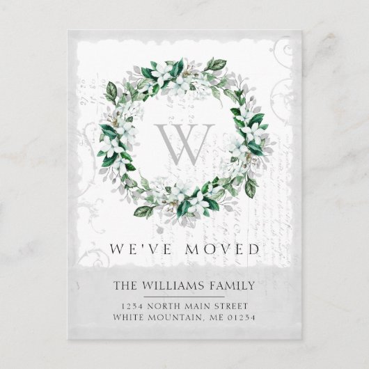 Magnolia Waterverf bloemenkrans Monogram verplaats Aankondigingskaart (Voorkant)