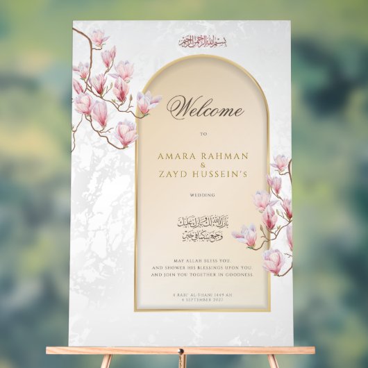Magnolia Wedding Welcome Sign – Elegante boog Acryl Bord (Neutraal)