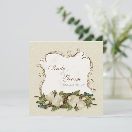 Magnolia wervelingen Damask bruiloft uitnodigen Kaart (Staand voorkant)