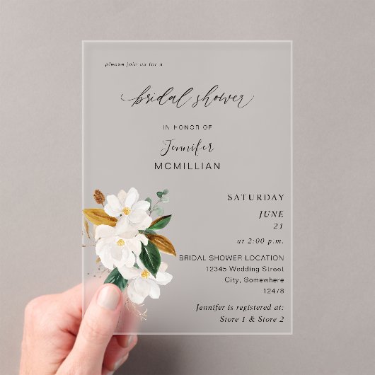 Magnolia White Floral Vrijgezellenfeest Acryl Uitnodigingen (Insitu (Draagbaar))