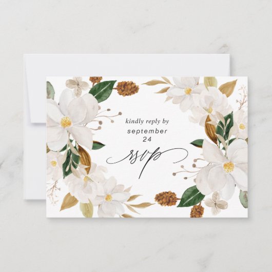Magnolia White Floral w Meal RSVP Card (Voorkant)