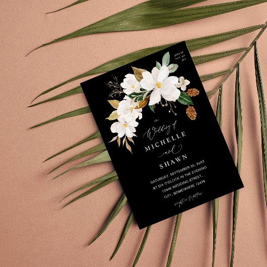 Magnolia White Floral Wedding - Black Kaart
