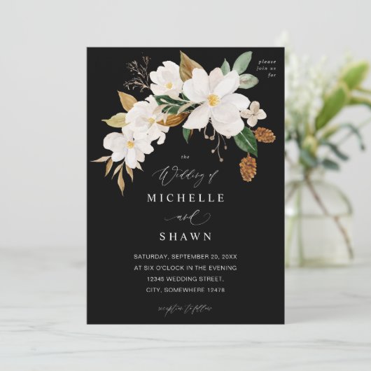 Magnolia White Floral Wedding - Black Kaart (Staand voorkant)