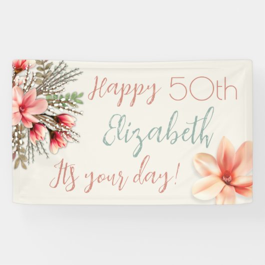 Magnolia Willow Bloemen Verjaardagsfeestje Muur Ba Spandoek (Horizontaal)