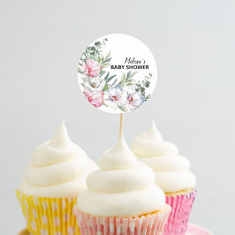 Magnolia Wit Blush Roze Bloem Cupcake Toppers Ronde Sticker