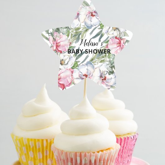 Magnolia Wit Blush Roze Bloem Cupcake Toppers Ster Sticker