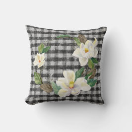Magnolia Wreath Rustic Farmhouse Black White Check Kussen