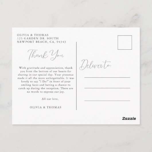 Magnolia zwart wit kalligrafie bruiloft dank u briefkaart (Achterkant)