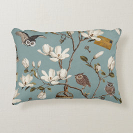 Magnoliabos met uilen in eendenei-blauw accent kussen