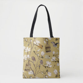 Magnoliagaard met uilen in geel tote bag