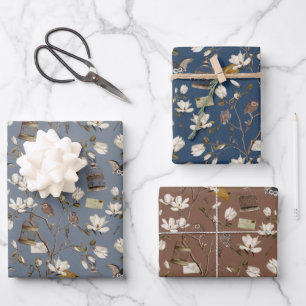 Magnoliaprieel met uilen in blauw bruin inpakpapier vel