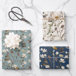Magnoliaprieel met uilen in crèmekleur en blauw inpakpapier vel