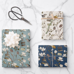 Magnoliaprieel met uilen in crèmekleur en blauw inpakpapier vel