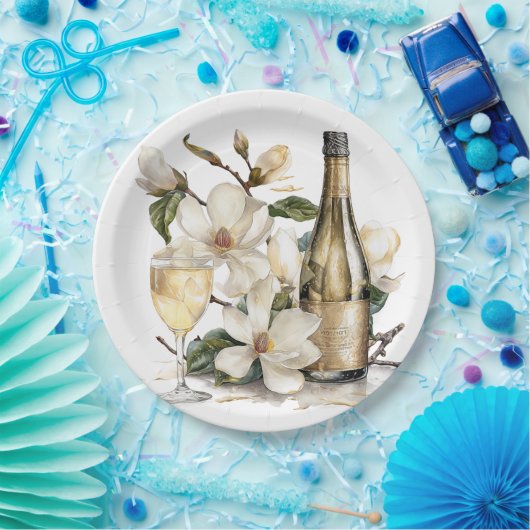 Magnolia's en Champagne Flessenglazen Bruiloft Papieren Bordje (Feest)