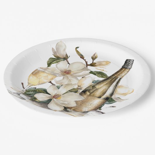 Magnolia's en Champagne Flessenglazen Bruiloft Papieren Bordje (Gekanteld)
