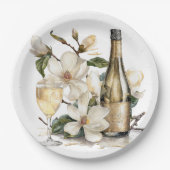 Magnolia's en Champagne Flessenglazen Bruiloft Papieren Bordje (Voorkant)