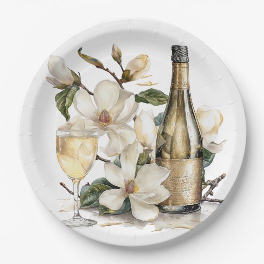 Magnolia's en Champagne Flessenglazen Bruiloft Papieren Bordje (Voorkant)