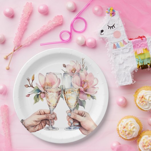 Magnolia's en Champagneglazen Bruiloft Papieren Bordje (Feest)