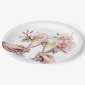 Magnolia's en Champagneglazen Bruiloft Papieren Bordje (Gekanteld)