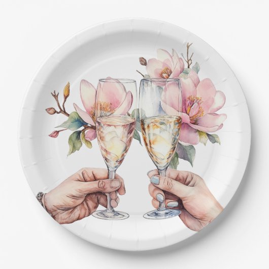 Magnolia's en Champagneglazen Bruiloft Papieren Bordje (Voorkant)