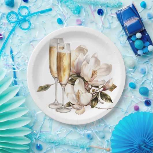 Magnolia's en Champagneglazen Bruiloft Papieren Bordje (Feest)