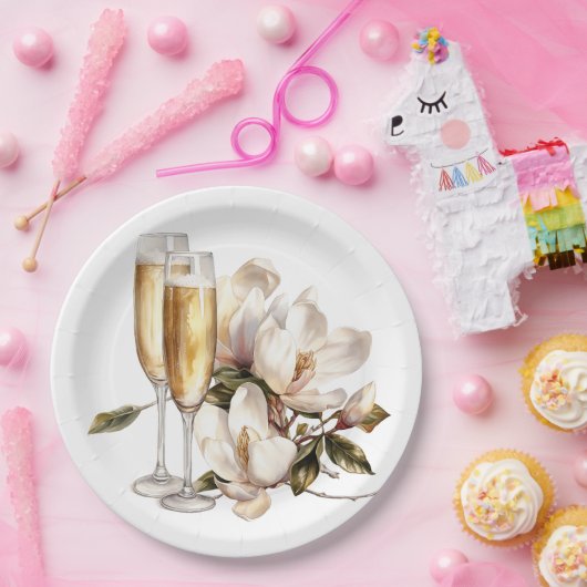 Magnolia's en Champagneglazen Bruiloft Papieren Bordje (Feest)