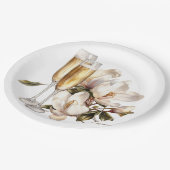 Magnolia's en Champagneglazen Bruiloft Papieren Bordje (Gekanteld)