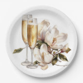 Magnolia's en Champagneglazen Bruiloft Papieren Bordje (Voorkant)