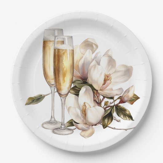 Magnolia's en Champagneglazen Bruiloft Papieren Bordje (Voorkant)