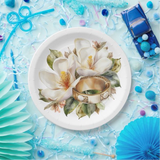 Magnolia's en gouden trouwringen bruiloft papieren bordje (Feest)