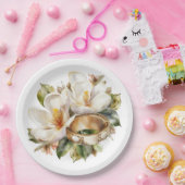 Magnolia's en gouden trouwringen bruiloft papieren bordje (Feest)