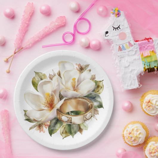 Magnolia's en gouden trouwringen bruiloft papieren bordje (Feest)